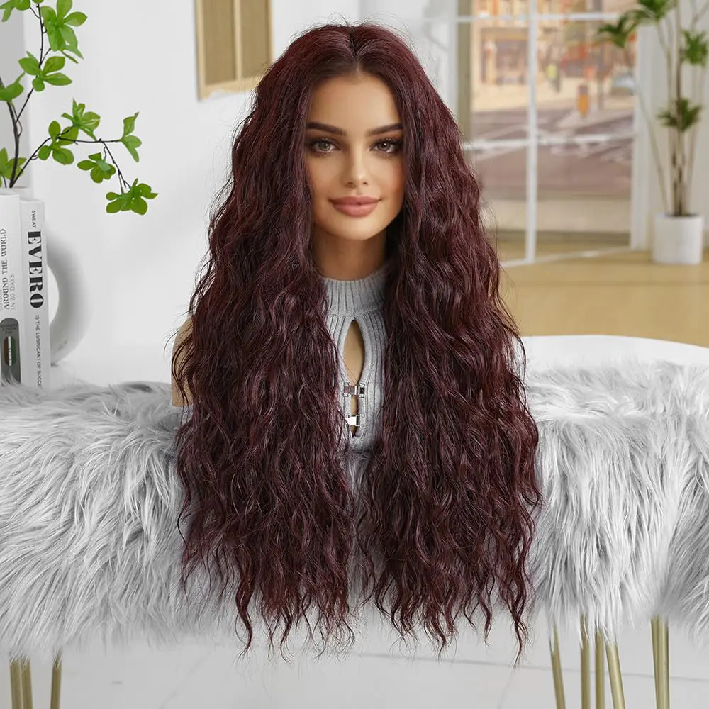 Looxey 26 Inch Water Wave Wig for Women Synthetic Curly Hair Wig Burgundy Wear and Go Glueless Wig Hair Replacement Wigs for Daily Use