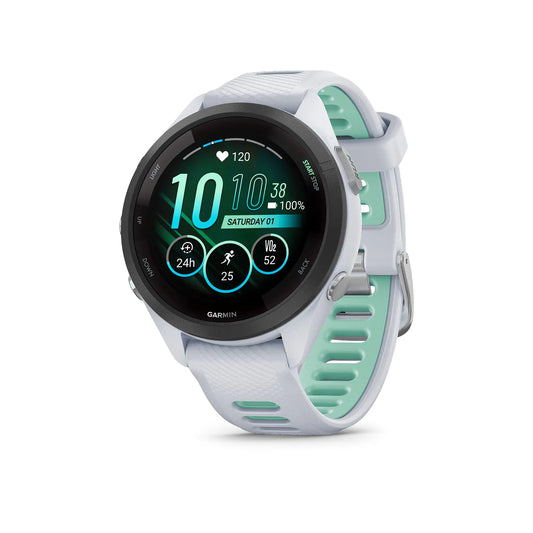 Garmin Forerunner 265S Running Smartwatch Colorful AMOLED Display Training Metrics and Recovery Insights Whitestone and Neo Tropic 42 mm
